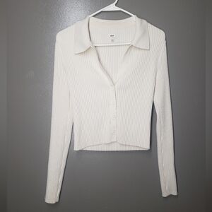 Aerie Womens Ribbed V Neck Button Front Cropped Sweater Cream Size Med 4% Wool